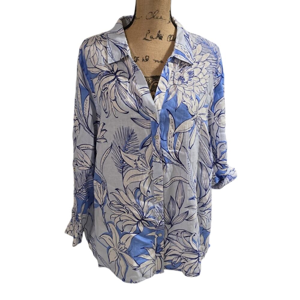 Halston Blue and White Tropical Floral 100 % Linen Button Down Shirt Plus Sz 2X